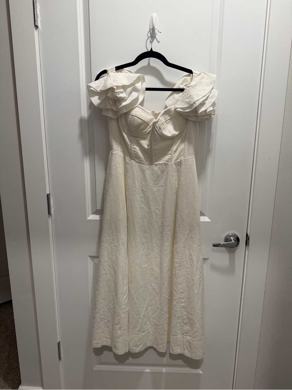 Bardot White Corset Puff Sleeve Off-Shoulder Linen Midi Dress